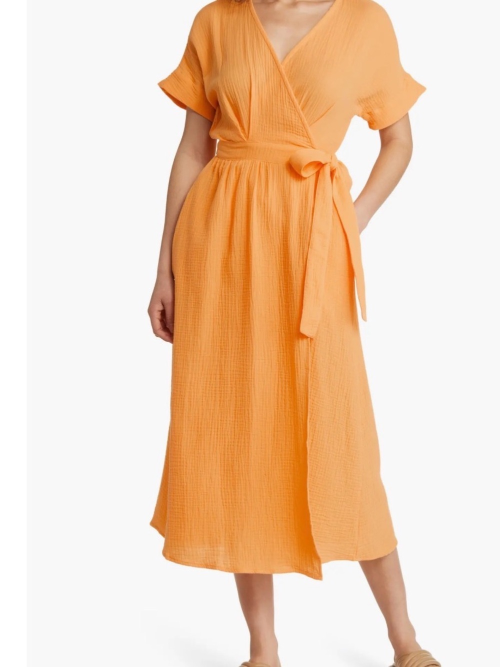 Marine Layer Orange Wrap Midi Dress with Self-Tie Waist